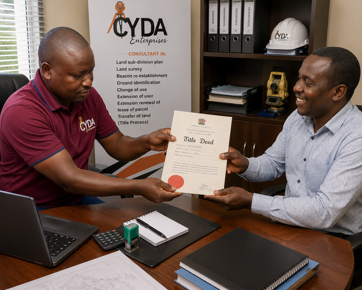Client receiving Kenyan title deed at CYDA Enterprises office